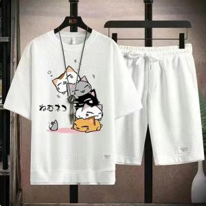 Nam Mùa Hè Bộ Bánh Waffle Thời Trang Áo Thun Quần Short 2 Bộ Thể Thao Rời Thoải Mái Cotton Polyester Pha Cổ Tròn Lưng Thun