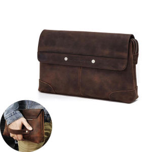 CONTACTS Retro Crazy Horse Leather Mens Handbag Multi functional Lightweight Genuine Leather Casual Storage Bag