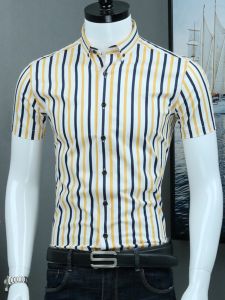 Summer Slim Fit Mens Cotton Shirt Handsome Striped Short Sleeve Business Casual Korean Trend Young Adult Button Decorated Iron Free