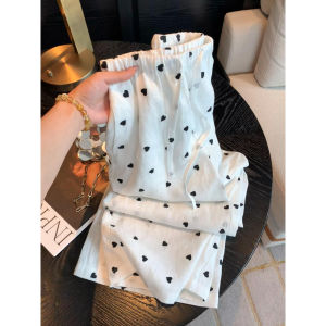 กางเกงขายาวทรงหลวมเอวสูงผ้าฝ้ายลินินลายหัวใจสำหรับผู้หญิงในช่วงฤดูร้อนปี 2025 กางเกงขายาวทรงหลวมสบายๆ ทรงหลวม