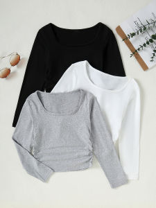 3 Piece Set Of Spring/Autumn Girls Long Sleeved T-Shirt Round Neck Pleated Short Solid Color Casual And Versatile Outdoor Top