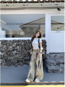 Quần Jeans Denim Ống Rộng Cạp Cao Phong Cách Mỹ Retro Washed Lỗ Hở Mùa Hè Quần Dài Thường Ngày Cho Nữ