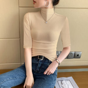 Slim Fit Half High Collar mid Sleeve T-Shirt Womens Black Ribbed Base Layer Five Sleeve Spring Autumn New Style Commute Korean Version
