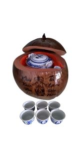 Bộ bình ủ trà trái dừa khắc "Câu đối" / Bình trà 04 - 09 lít / Giữ ấm 3 - 6 giờ / Sản phẩm sản xuất thủ công trứ danh xứ dừa Bến Tre