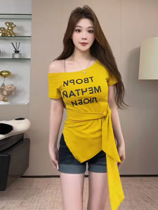 Elegant Yellow Letter Print Asymmetrical Shoulder Short Sleeve Womens T-shirt Slimming Waist Tie Versatile Summer Top
