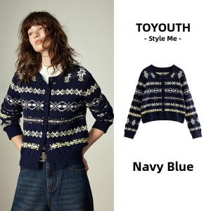 Toyouth | Geometric Lattice Pattern Embossed Round Neck Cardigan Sweater