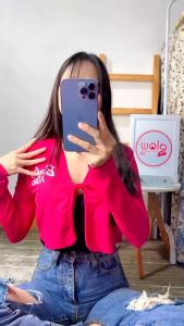 QR - RG CARDI WANITA TERBARU MOTIF TULISAN CETAK / BARBIE XOXO Rib Knitted Cardigan (LD 88 P 35) / CARDIGAN LENGAN PANJANG DEPAN TALI IKAT HIDUP