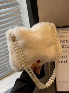 Fall Winter Furry Womens Bag 2025 New Pearl Chain Plush Crossbody Single Shoulder Bag Versatile Small Bag Korean Style Leisure