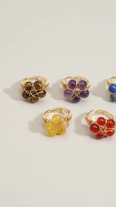 1pc Natural Crystal Five-Pointed Star Round Bead Ring Hand-Wrapped Wire Adjustable Open Ring Accessory For Festive Gifts.