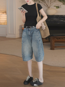 Shalldoer | Bộ đồ hai mảnh mùa hè cho nữ Áo thun cổ tròn tay ngắn Quần Jeans Five-Five Kiểu dáng mới phong cách Hàn Quốc Ôm vừa vặn