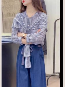 Lan Rong ฤดูใบไม้ร่วง 2024 ลายทาง แฟชั่น เสื้อท่อนบน สําหรับผู้หญิง เรียบหรู สไตล์เกาหลี ดีไซน์ Sense เสื้อผ้าผู้หญิง อุปกรณ์เสริม เข็มขัด หมวก ผ้าพันคอ