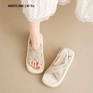 Thick Heel Increasing Cross Band Woven Casual Beach Sandals