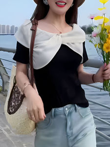 UYFY | Slim Fit Short Sleeve T-Shirt Womens Clavicle Baring Fashionable Summer New Top Casual Style Round Neck Regular Sleeve Length