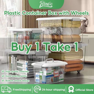 BIT1! Bincoo Plastic Container Box with Wheels Clear Stackable Storage Box Storage Organizer Box for Clothes Transparent Storage Box with Handles