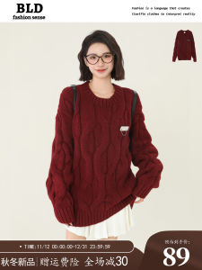 Red Thickened Loose Style Knitted Sweater Spring Autumn Winter Season Womens Crew Neck Pullover Spring Lazy Style Knitwear