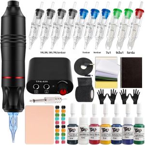 ชุดปากกาสักเครื่องสักที่สมบูรณ์ชุดเครื่องสักโรตารีพร้อมแหล่งจ่ายไฟและเข็มตลับสําหรับชุดปากกาสักสําหรับผู้เริ่มต้น