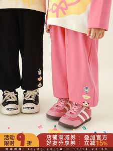 Spring Casual Cotton Blend Knitted Pants for Girls Embroidered Pet Tag Cuffed Elastic Skin-friendly Loose Comfortable Trousers