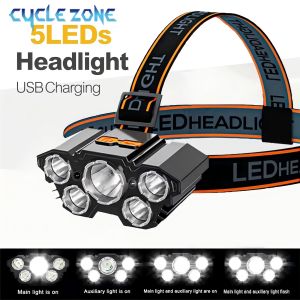5 LED Strong Light Headlamp Headlight USB Rechargeable Head Flashlight Built in Battery Outdoor Working Fishing Camping Lamp
