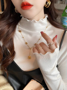 Áo Thun Modal Tay Dài Màu Trắng Cổ Cao Cho Nữ Mùa Xuân Thu Phong Cách Mới Áo Thun Cổ Chữ V Tay Dài Thường Ngày