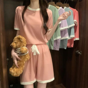 2PCS Women Sets Summer Casual Suit Ice Silk Cool Short Sleeve Pajamas Women Summer New Women Ice Silk Pajamas Two Piece Fashion and Comfortable Suit