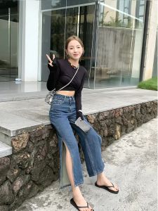 Retro High Waist Denim Jeans Womens Spring 2025 New Side Slit Design Unique Fashion Elegant Wide Leg Pants Trendy