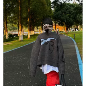 Áo Len Cardigan Dệt Kim Tay Dài Cổ Tròn Dáng Rộng Mùa Thu Đông Họa Tiết Hình Con Chim Cánh Cụt Cổ Điển Áo Khoác Ngoài Nữ