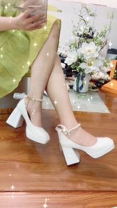 [Hoàn Tiền 15%]Giày cao gót 10p đúp mũi  đính nơ xích ngọc full chất da hàng cao cấp loại 1