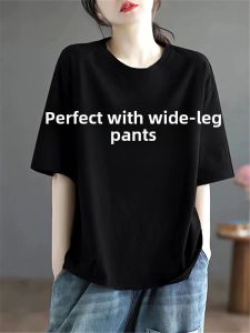 LINGLONGDAI | Loose Fit Cotton Round Neck Short Sleeve T-Shirt Women Summer New Style Slimming Base Shirt Dopaamine Body Shirt Top Pure Color