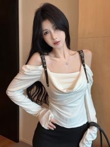 GUZILIAN | Shoulder Bared Long Sleeve T Shirt Womens Fashion Loose Fit Knitted Top Breathable Pure Desire Style Autumn New Arrival