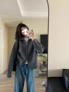 Retro Gray Lapel Knitting Sweater Cardigan Coat Womens Autumn and Winter Loose and Lazy Style Outwear Double Zipper Turtleneck