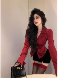 เสื้อเชิ้ตผู้หญิงคอปกสูทผ้าซาติน ทรงสั้น แขนยาว สไตล์ฝรั่งเศส แฟชั่นฤดูใบไม้ผลิ 2025 เสื้อผ้าทำงาน กระโปรงสั้น