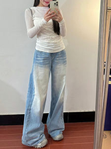 Quần Jeans Denim Ống Thẳng Rộng Cạp Cao Dài Bằng Vải Denim Giặt Xanh Cổ Điển Cho Nữ Quần Dài Đến Sàn Có Gợn Xếp Ly