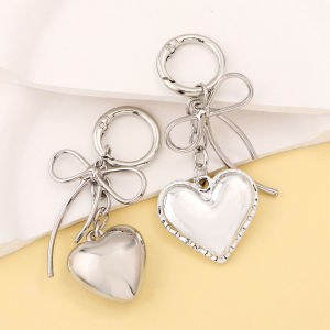 Y2K Silver Color Metal Keychain Simple Bowknot Heart Keyring Car Key Holder Backpack Pendant Bag Hanging Decoration