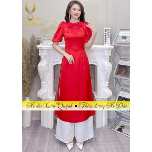 Áo Dài Cách Tân Đỏ Đính Hoa Cổ Tròn Tay Bồng Lụa Tây Thi H95 Cao Cấp - Áo Dài Xuân Quỳnh