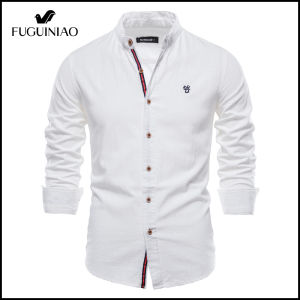 FUGUINIAO เสื้อเชิ้ตผ้าฝ้ายผู้ชายใหม่คุณภาพสูงแขนยาวสีทึบ Lapel เสื้อเชิ้ต