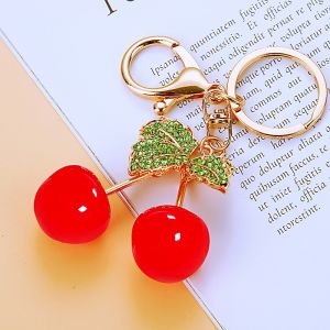 Metallic Diamond Embedded Cherry Keychain Creative Car Key Ring Womens Bag Pendant Zinc Alloy Cartoon Style Gift