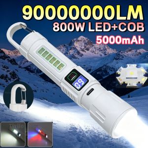 900000000 LM Powerful 800W LED Flashlights Telescopic Zoomable Torch Long Range Portable Tactical Lamp with Hook for Camping