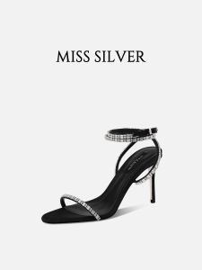 รองเท้าแตะส้นสูงสีดำ MISSSILVER สำหรับผู้หญิง ฤดูร้อน 2024 รองเท้าแตะส้นสูงแบบใหม่ ดีไซน์เปิดหัว ดีไซน์ส้นบาง ดีไซน์หรูหรา