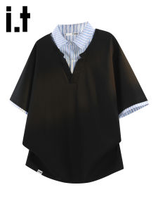 izzue | College Style False Two-Piece Short Sleeve Polo Shirt Men Summer Loose Striped Top