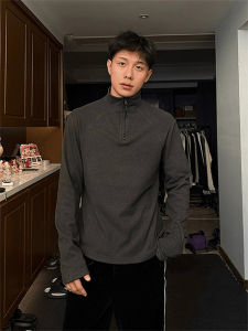 เสื้อยืดคอกลมแขนยาวฤดูหนาวสำหรับผู้ชาย สไตล์อเมริกัน เสื้อชั้นในขนแกะ ดีไซน์เปิดหลัง ทรงหลวม ผ้าโพลีเอสเตอร์