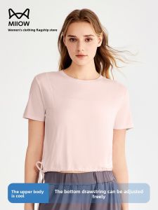 miiow | Cat Person Shoulder T-Shirt Womens Sport Fitness Short Sleeve Loose Casual Waist Slimming Summer New Style Round Neck Top