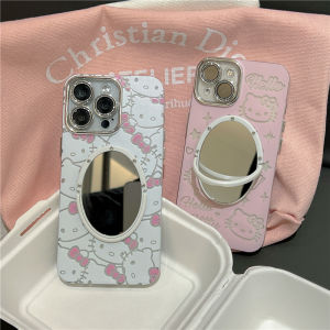 Pink Hello Kitty Feather Yarn Iphone16promax Mirror Phone Case Comes with Lens Protector Apple 14/15pro Hello Kitty Protective Case Bows 13 Applicable 11/12 Cartoon New Arrival Frosted