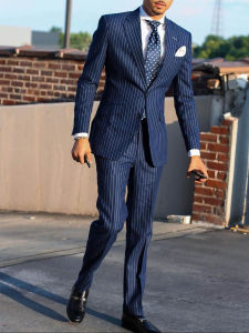 Navy Blue/Black Striped Slim Fit Mens Tuxedo 2 Piece Outfits Business Set with NotchLapel Blazer Pants for Wedding Party Prom