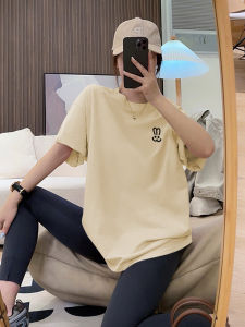 เสื้อยืดแขนสั้นผ้าฝ้ายแท้สีพีชสำหรับผู้หญิง ทรงหลวม คอกลม แขนสั้น แฟชั่นฤดูร้อน เสื้อตัวบนสไตล์ฮ่องกง เสื้อผ้าทำงานสไตล์เกาหลี