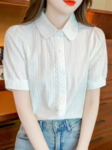 French Lace Trim Pure Cotton Shirt Women Short Sleeve Summer Thin Style Versatile Belly Covering Small Top Upper Body