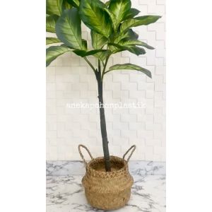 Pohon Hias Tanaman Daun Bahagia Hijau X3 T140 Latex Artificial Pot Dasar Cover Purun Belly Borneo Dekorasi Studio