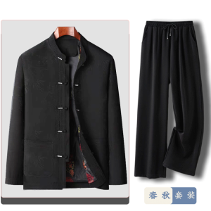 Mens Long Sleeve Fleece Lined Thickened Silk Pajamas Autumn Winter Casual Wear Middle-Aged And Elderly Style Plant Floral Pattern