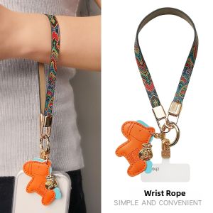 ZHENGEGE | Short Style Fortune Bag Little Horse Pendant Chinese Chic Pattern Leather Wristband Phone Carrying Strap Anti-Lost Theft-Proof Dual Buckle Chain