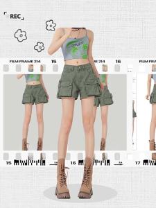 MZVZ | Vintage Army Green Workwear Denim Shorts Multi Pockets