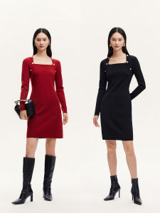 Vero Moda Knitted Dress Elegant Waist-Cinching Square Neck Slimming Midi Dress for Women in Autumn Season Long Sleeve X-Shape